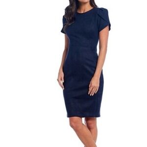 Calvin Klein Navy Blue Faux Suede Tulip Sleeve Sheath Dress Size 12